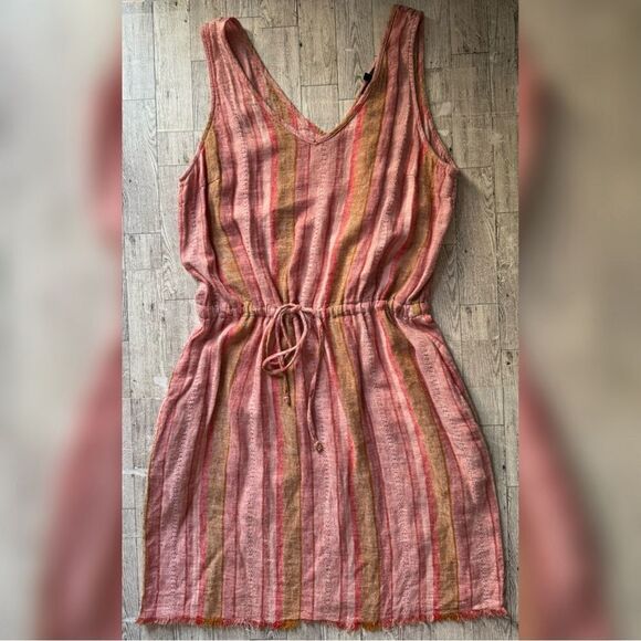 DREW for Anthropologie, Red Nat Dobby, Striped, Drawstring Linen Dress - Picture 6 of 15